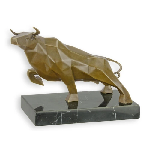 Bronzen kubistisch sculptuur van stier op sokkel van marmer